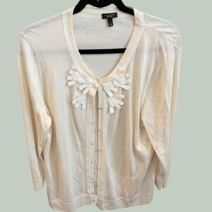 Talbots Cardigan Women Ivory Grosgrain Ribbon Bow V-Neck Classic XL